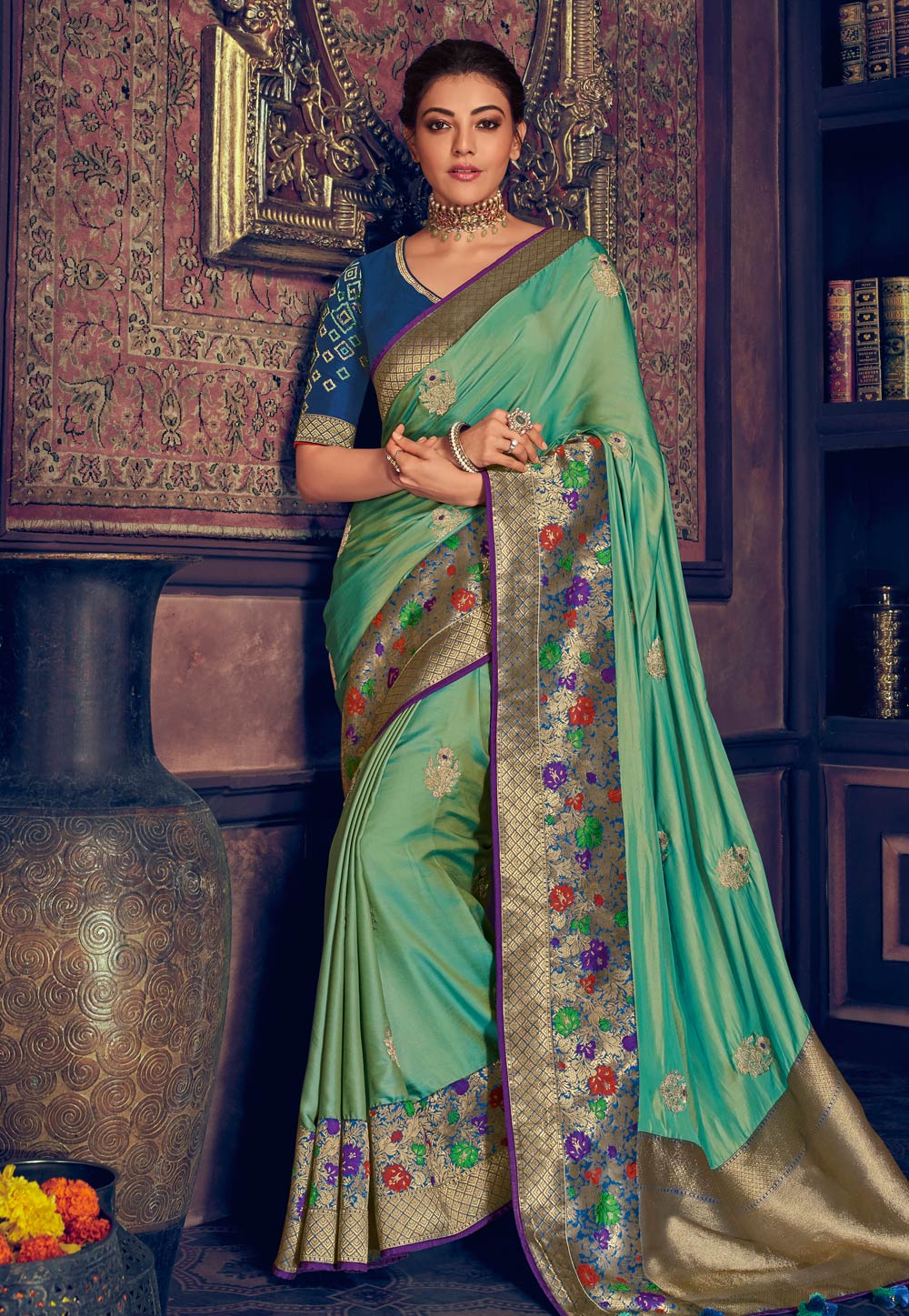Kajal Aggarwal Sea Green Silk Festival Wear Saree 199443