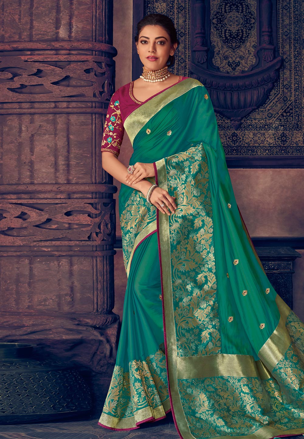 Kajal Aggarwal Teal Silk Festival Wear Saree 199449