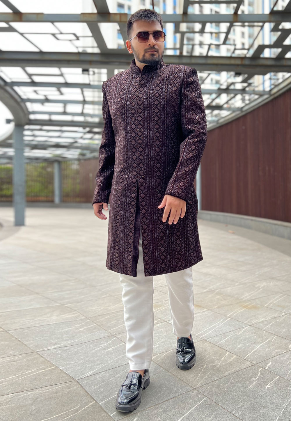 Purple Velvet Achkan Style Sherwani 262381