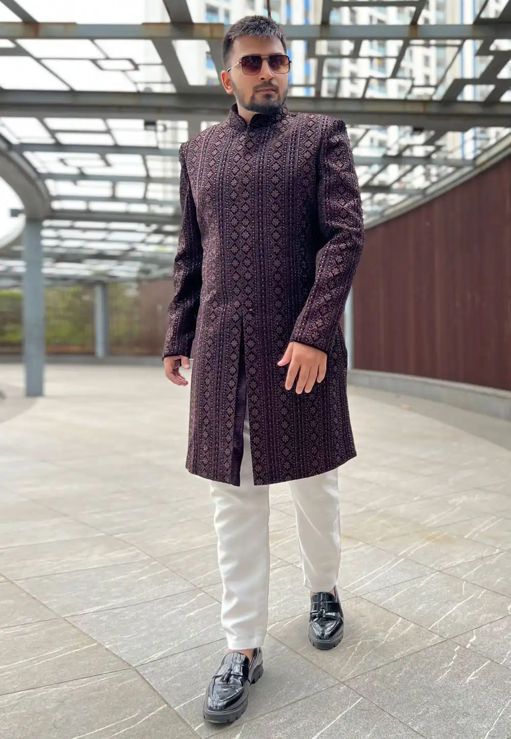 Purple Velvet Achkan Style Sherwani 262381