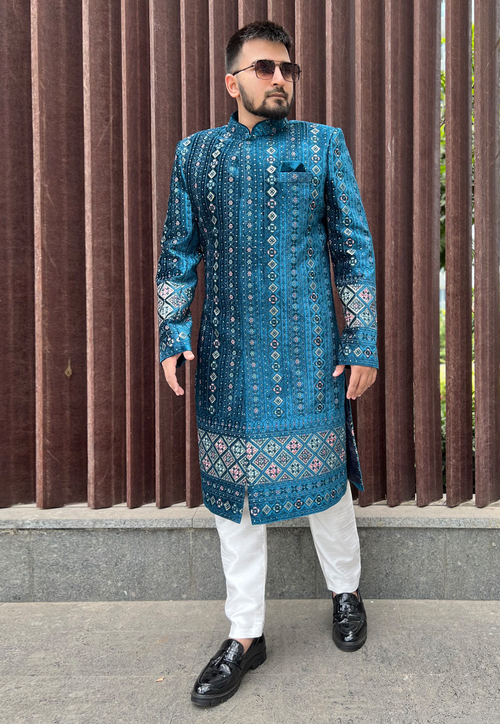 Blue Velvet Achkan Style Sherwani 262385