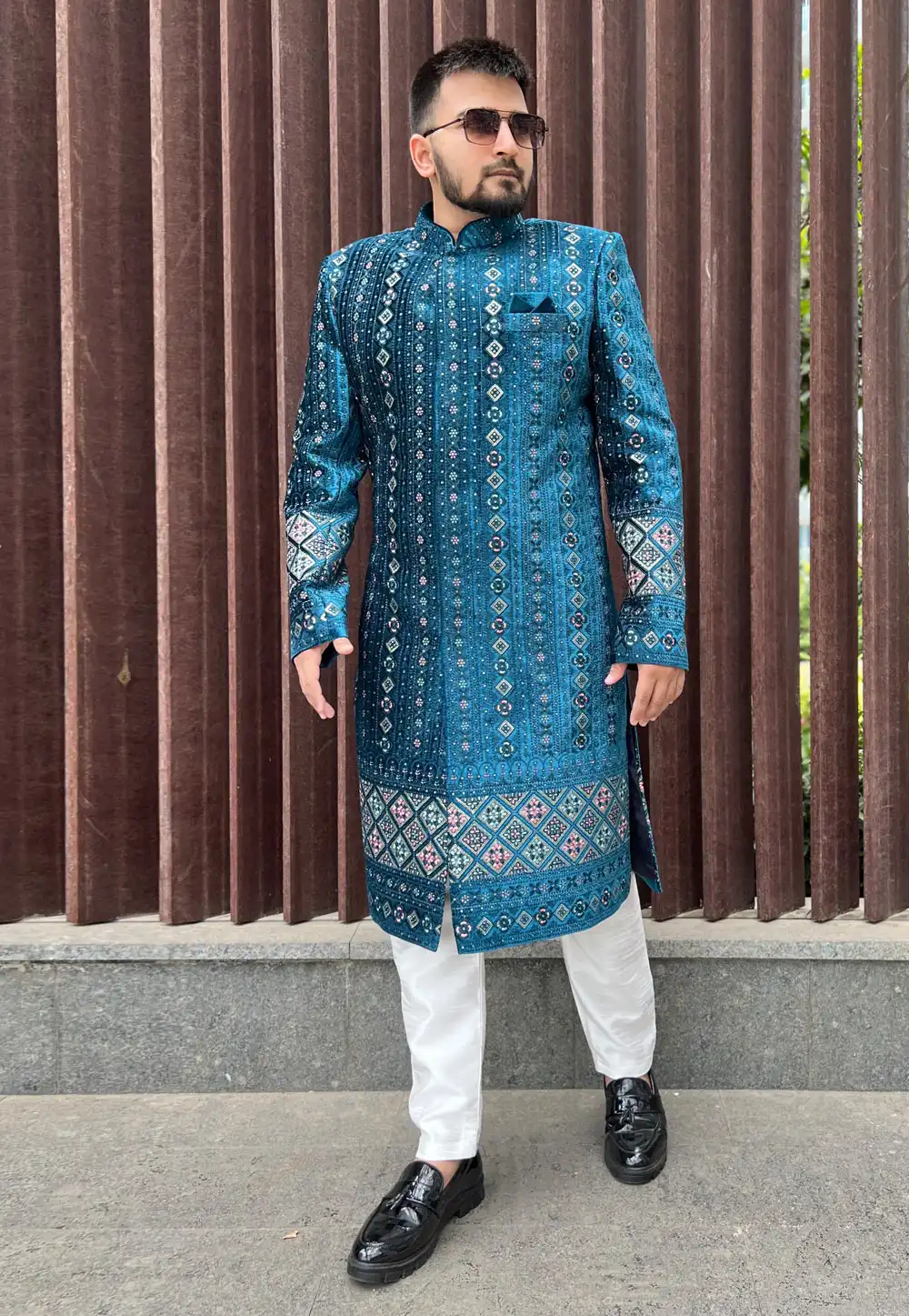 Blue Velvet Achkan Style Sherwani 262385