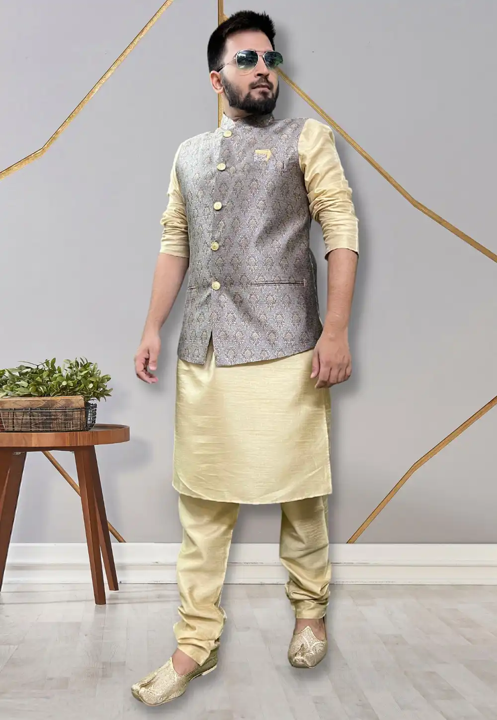 Beige Silk Kurta Pajama With Jacket 265260