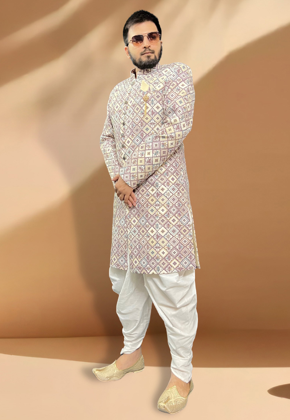 Beige Silk Dhoti Sherwani 266157