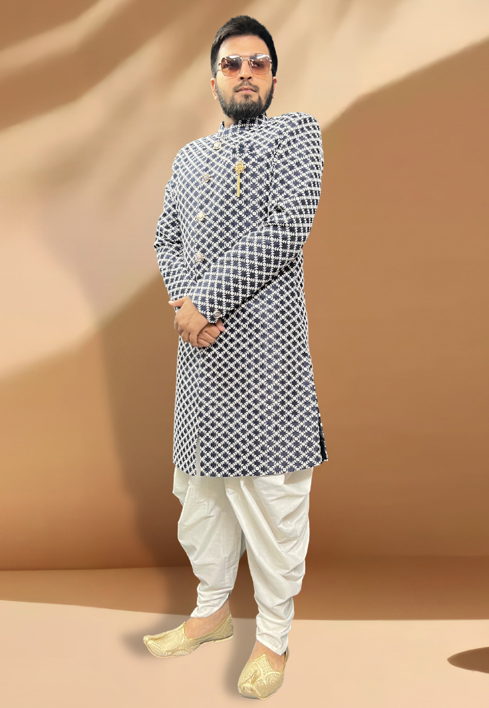 Navy Blue Silk Dhoti Sherwani 266167