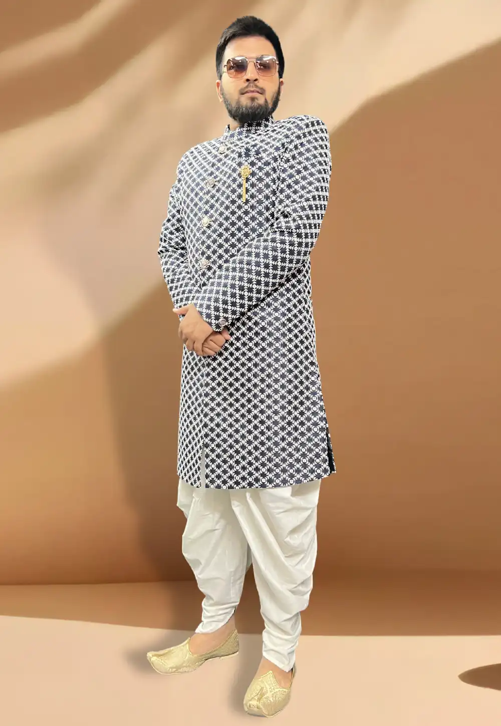 Navy Blue Silk Dhoti Sherwani 266167