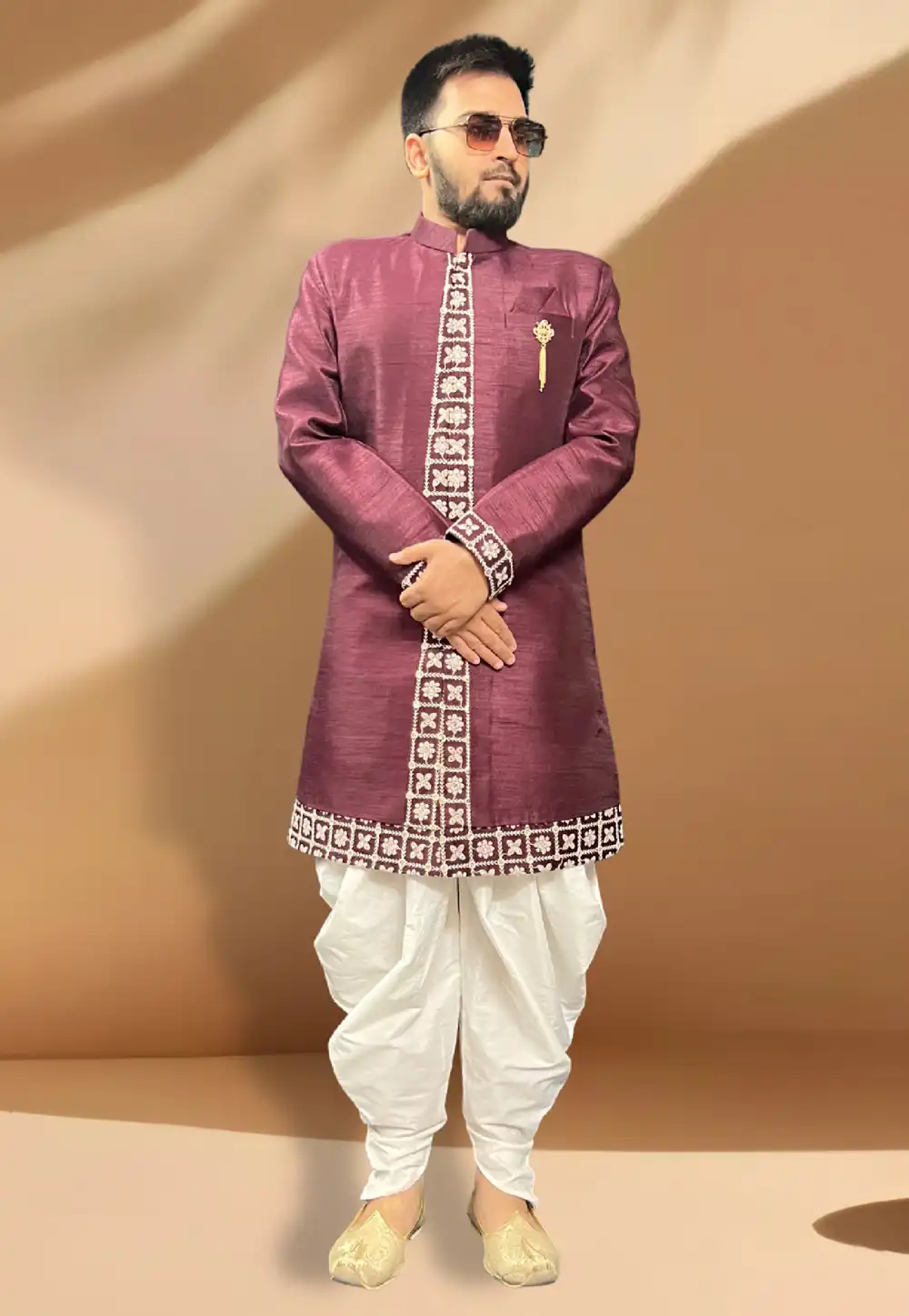 Wine Silk Dhoti Sherwani 266169