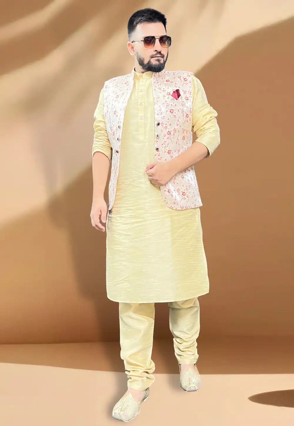 Cream Silk Kurta Pajama With Jacket 267410