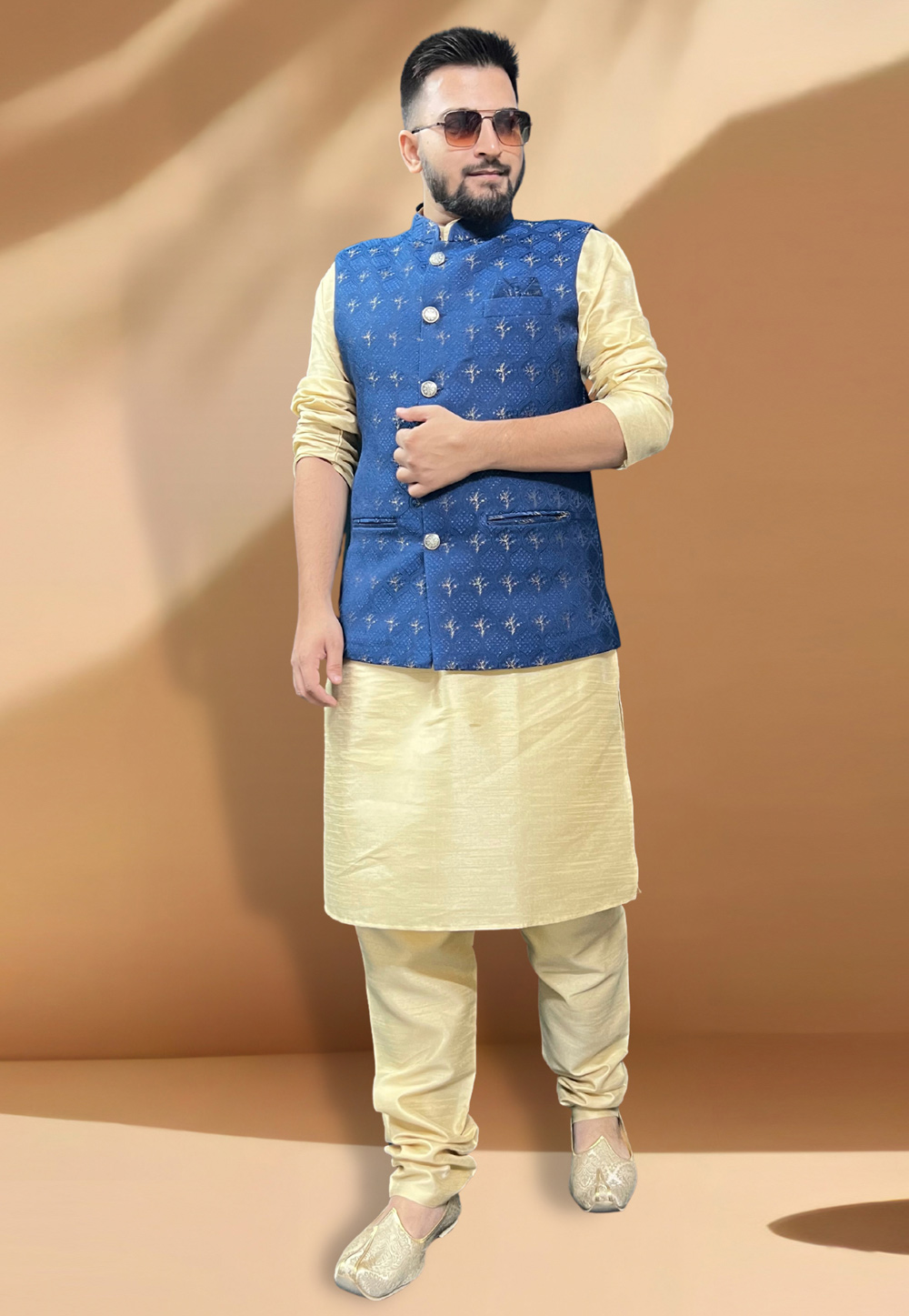 Navy Blue Silk Kurta Pajama With Jacket 267412