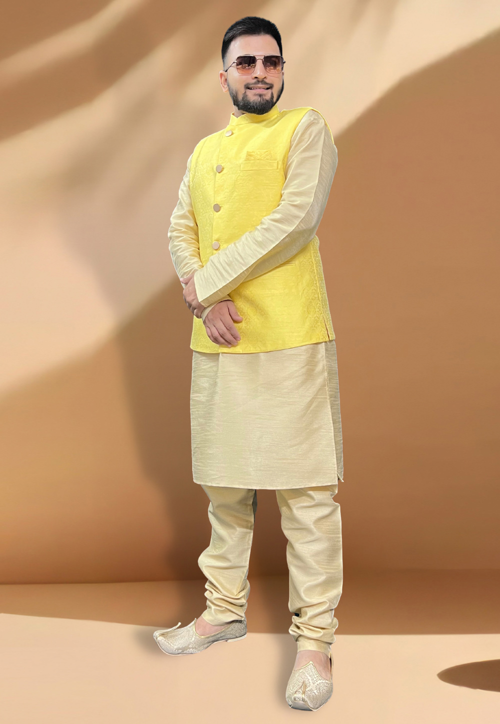 Yellow Silk Kurta Pajama With Jacket 267416