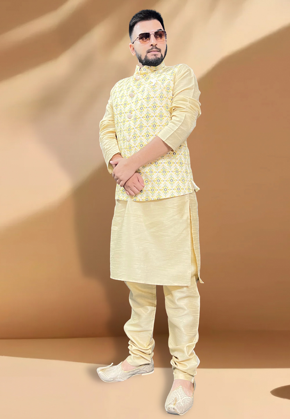 Yellow Silk Kurta Pajama With Jacket 267419