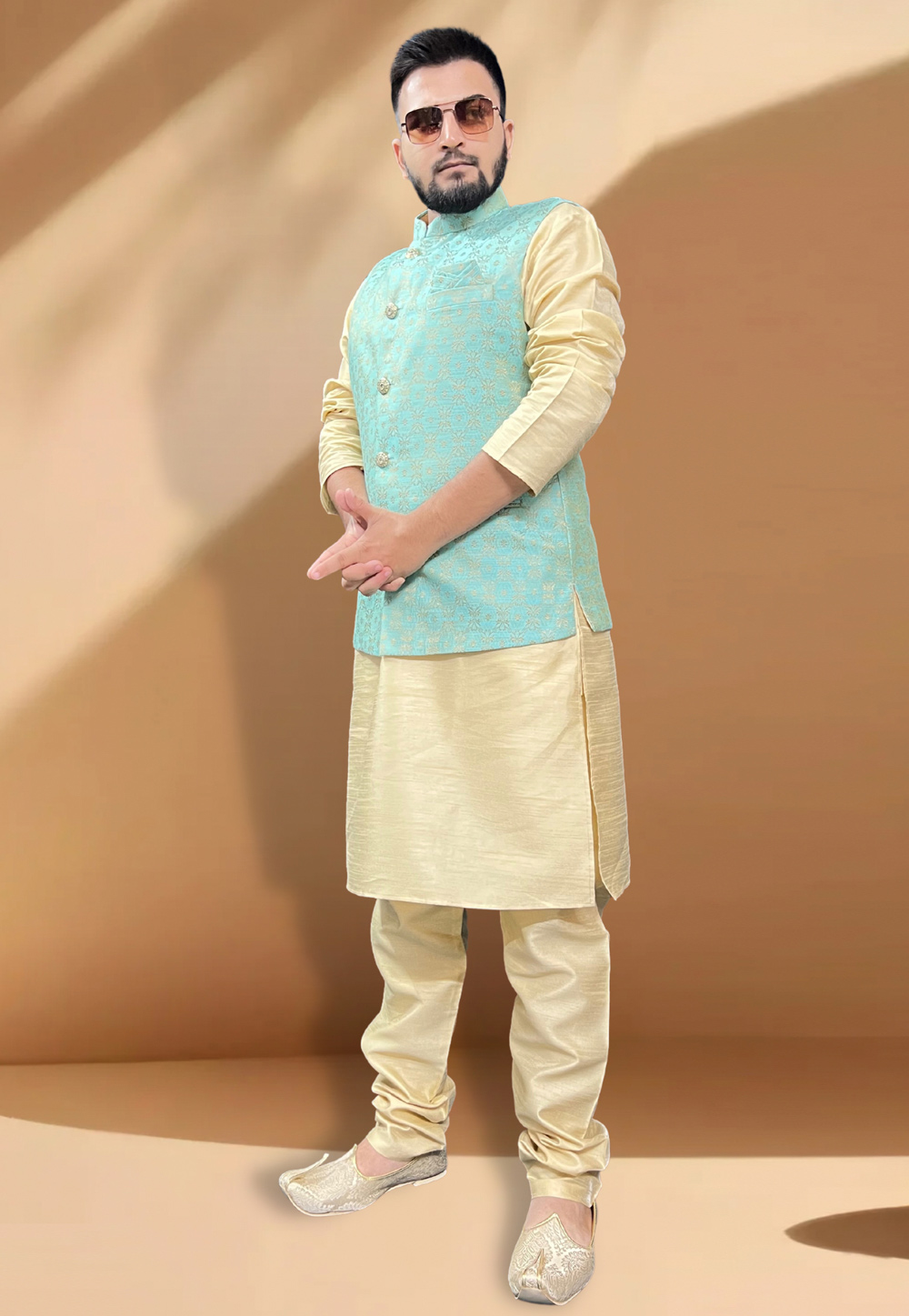 Sky Blue Silk Kurta Pajama With Jacket 267421