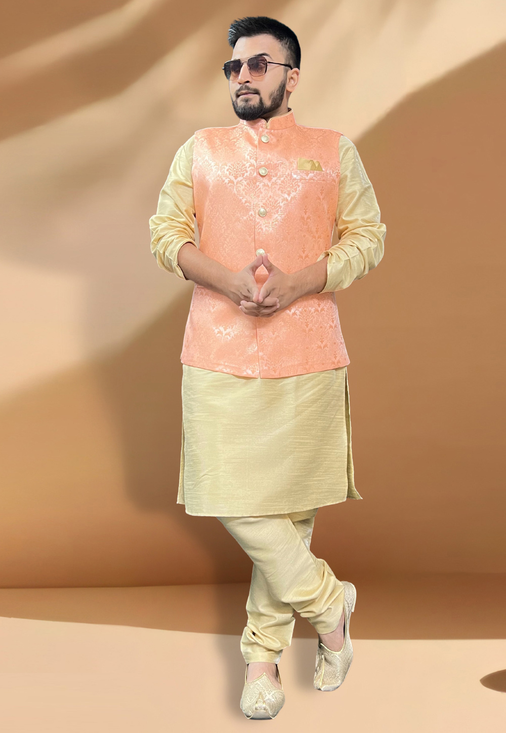 Peach Silk Kurta Pajama With Jacket 267422