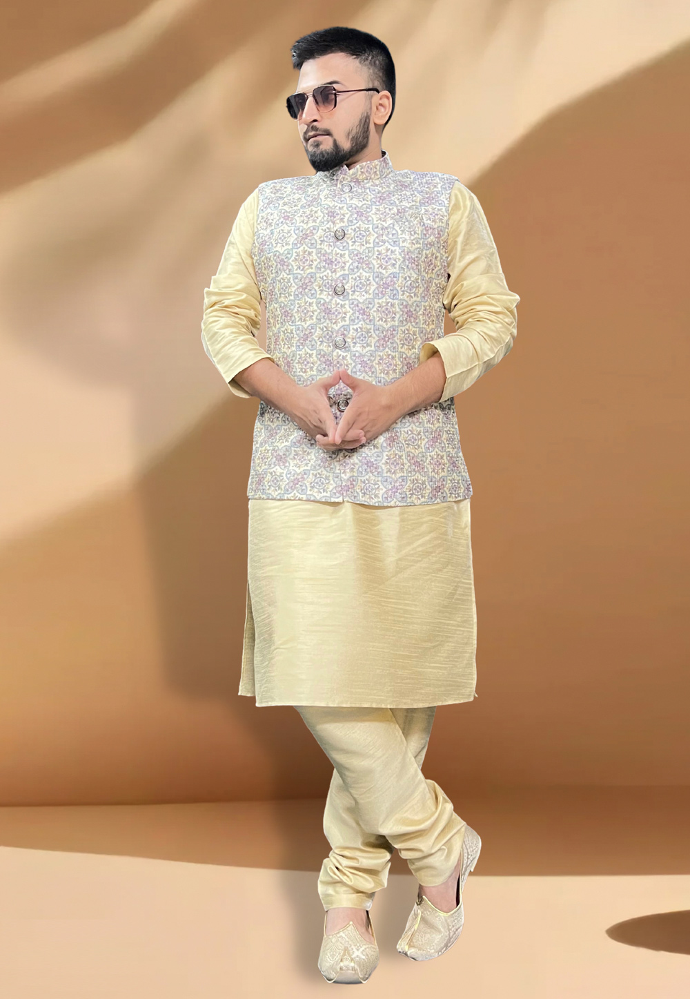 Cream Silk Kurta Pajama With Jacket 267423