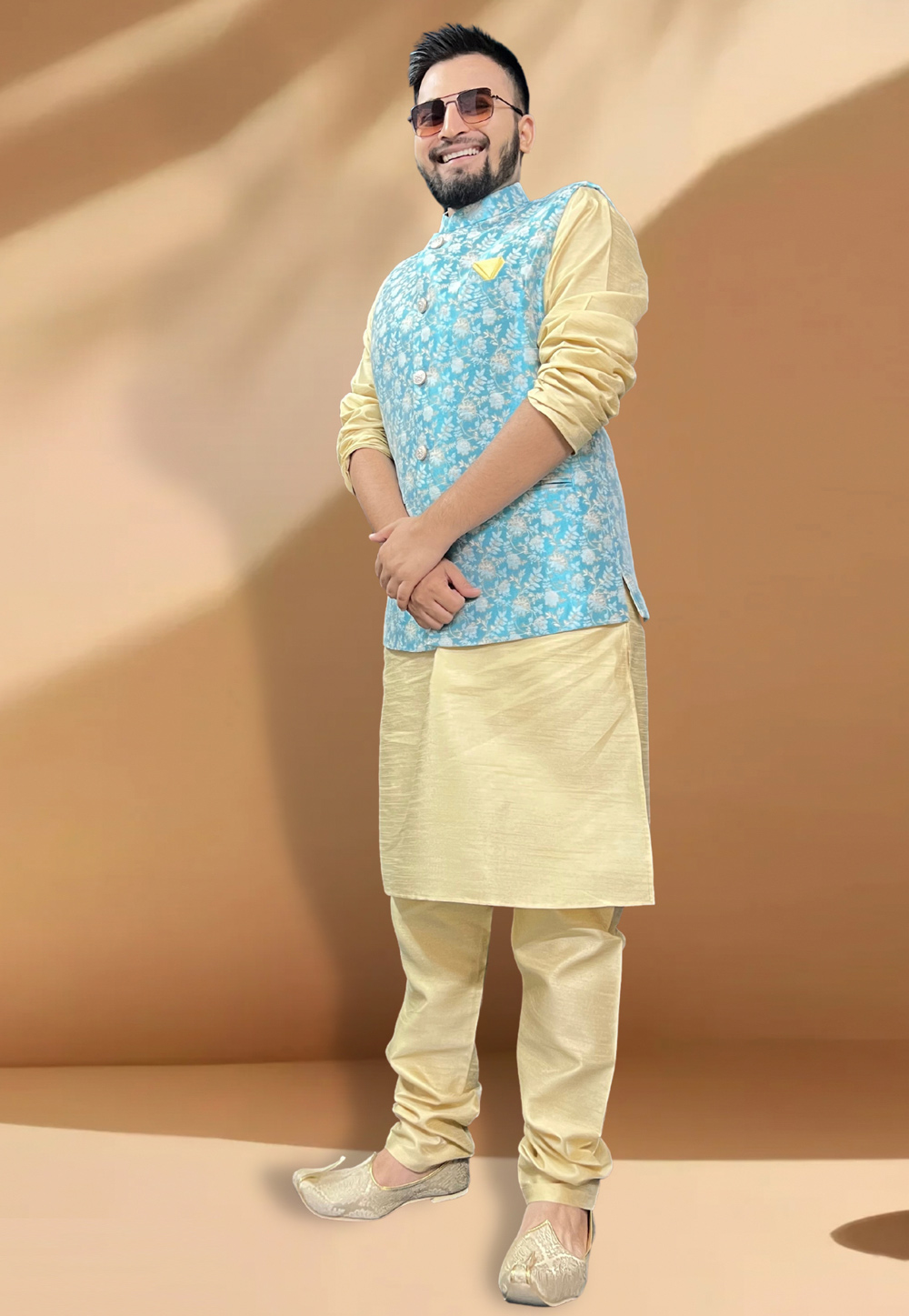 Turquoise Silk Kurta Pajama With Jacket 267424
