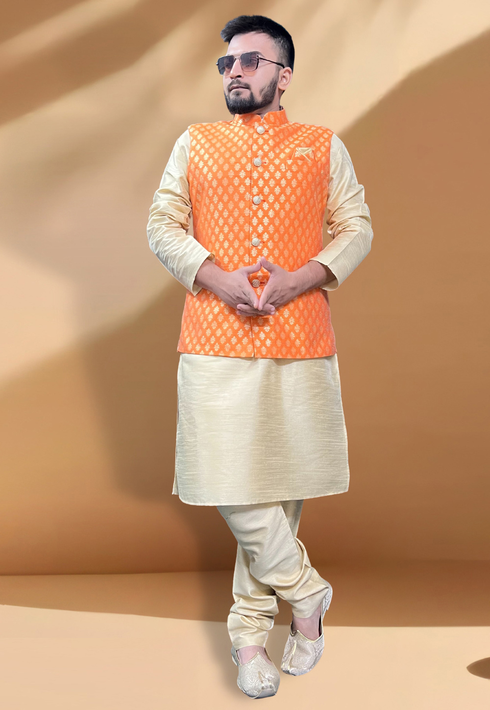 Orange Silk Kurta Pajama With Jacket 267431