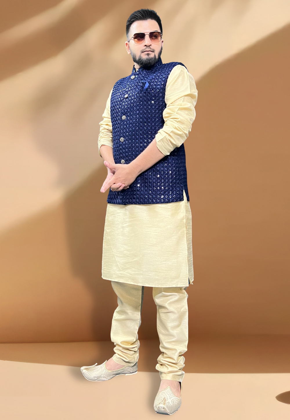 Navy Blue Silk Kurta Pajama With Jacket 267438