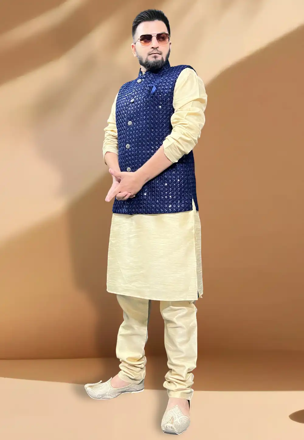 Navy Blue Silk Kurta Pajama With Jacket 267438