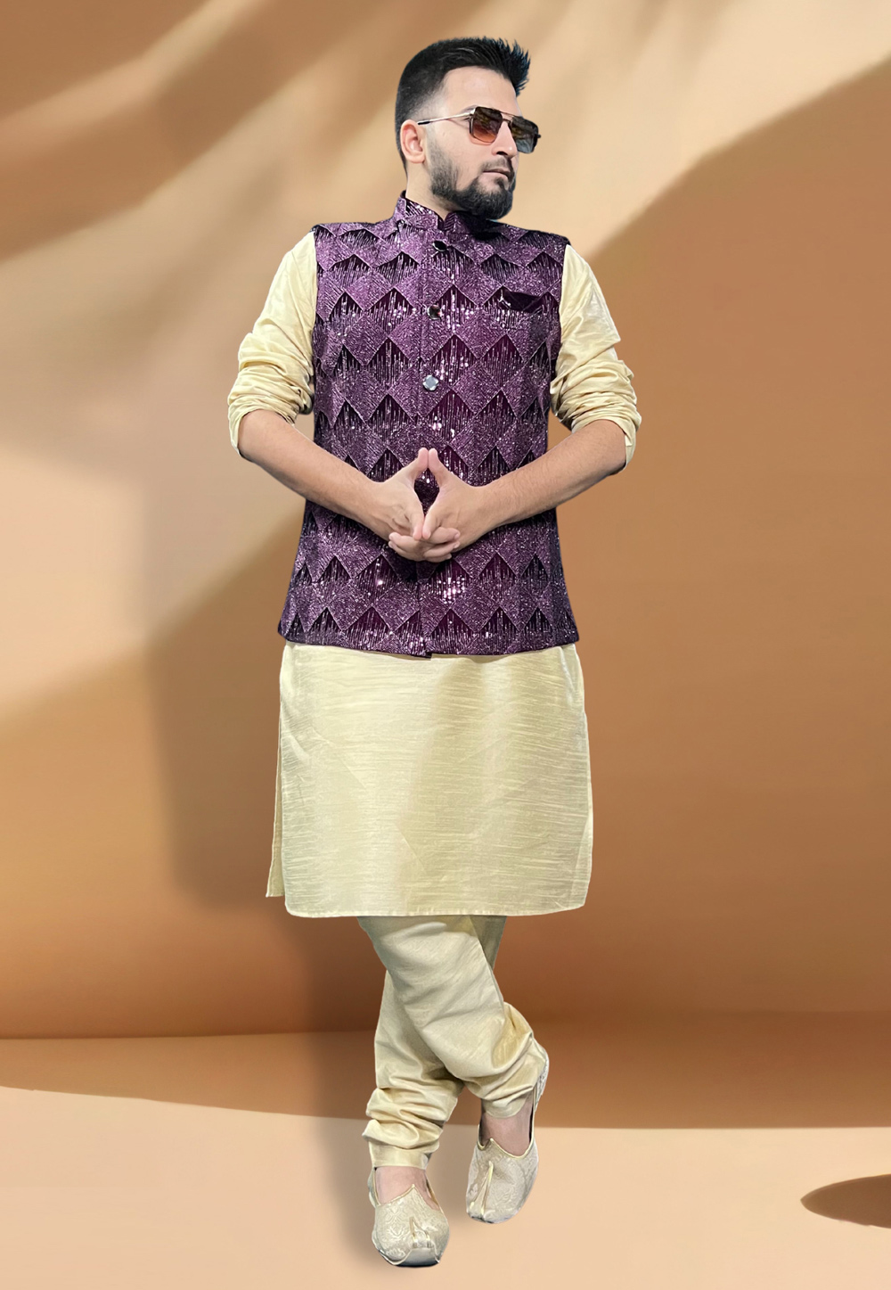 Purple Silk Kurta Pajama With Jacket 267439