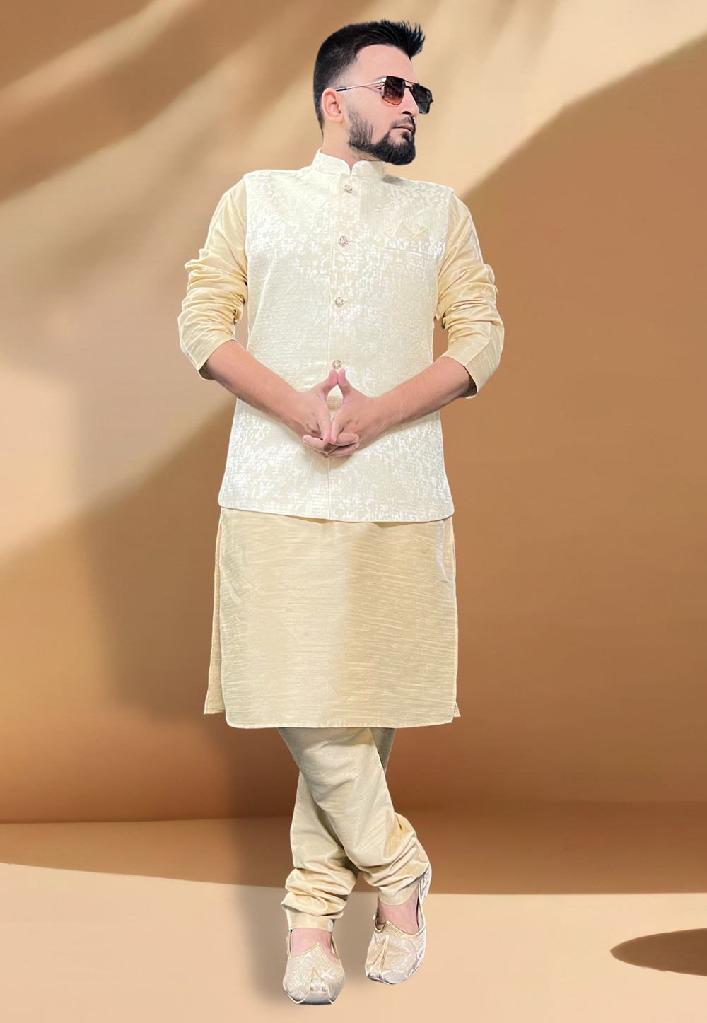 Cream Silk Kurta Pajama With Jacket 267442