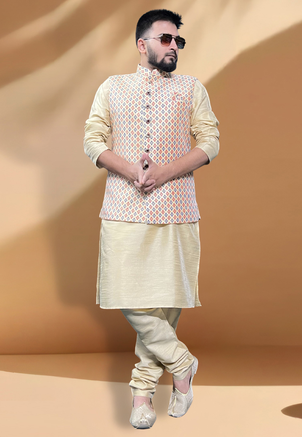 Cream Silk Kurta Pajama With Jacket 267444