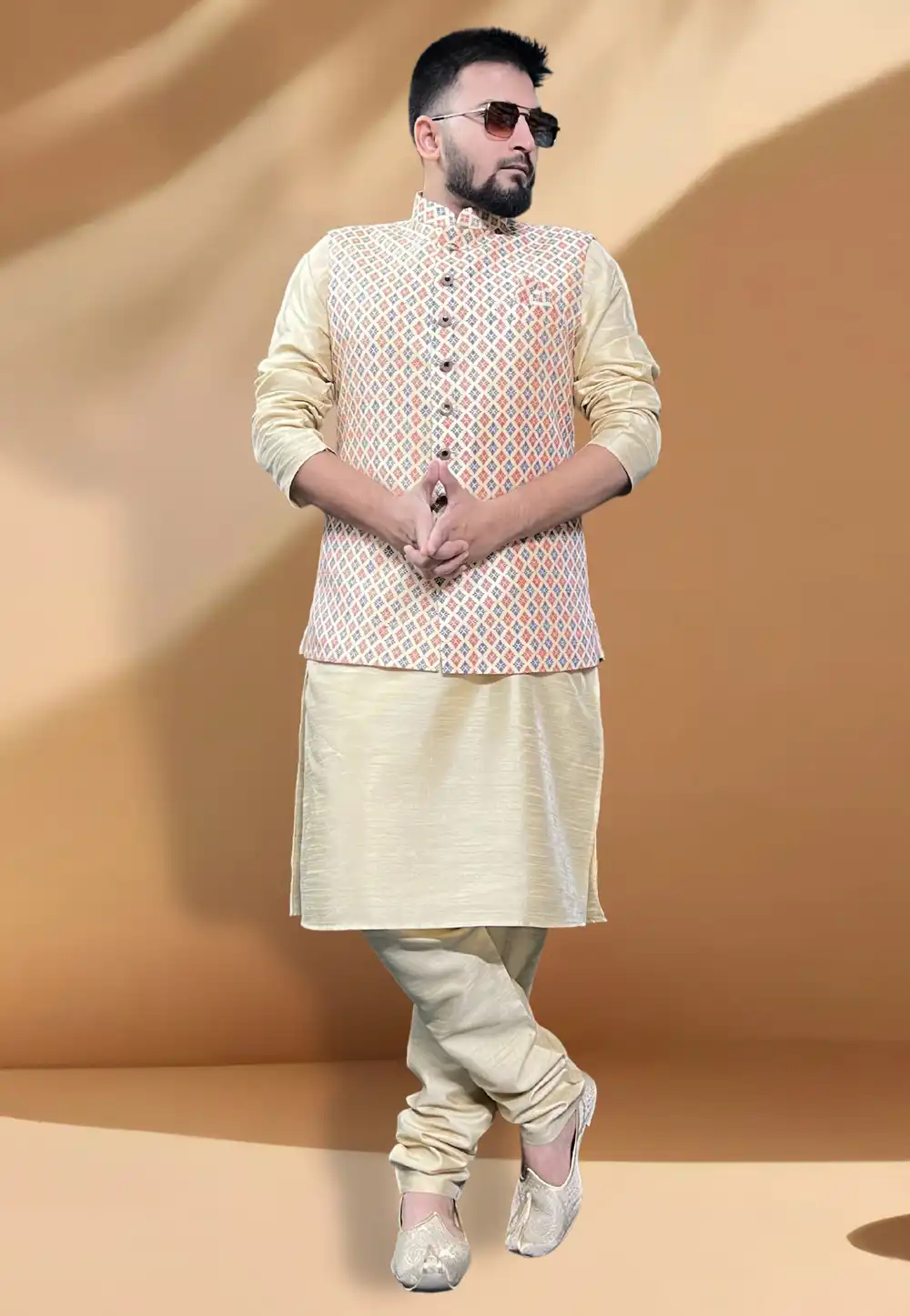 Cream Silk Kurta Pajama With Jacket 267444