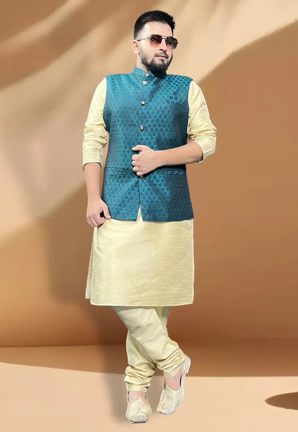 Teal Silk Kurta Pajama With Jacket 267446