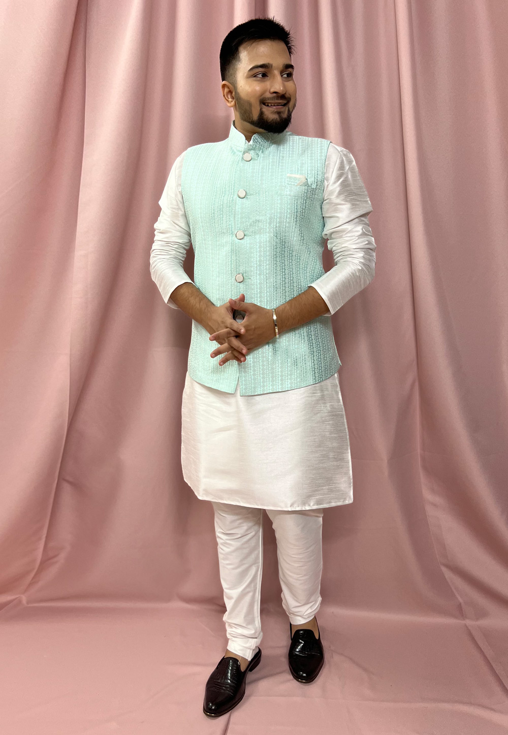 Off White Silk Kurta Pajama With Jacket 272856