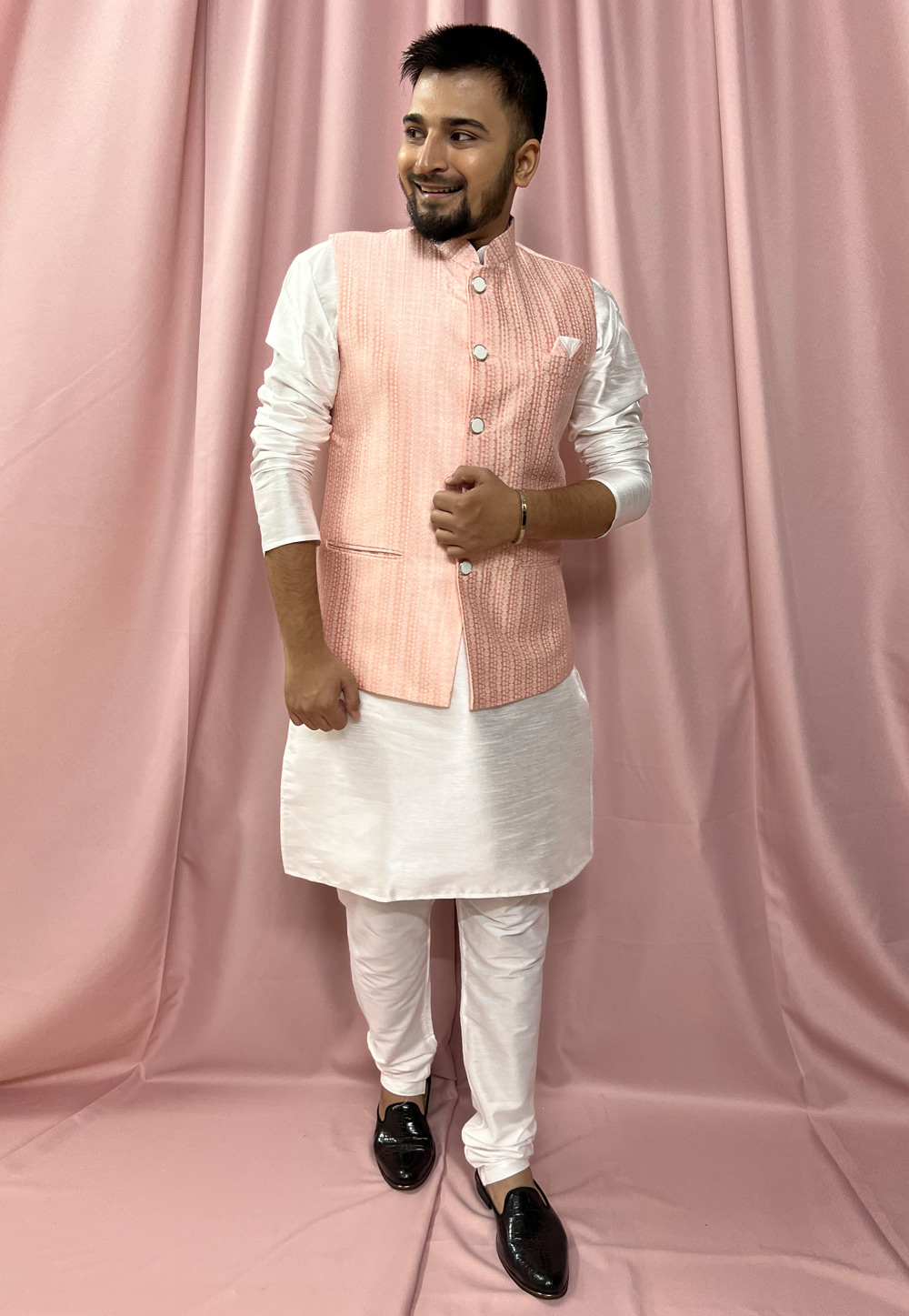 Off White Silk Kurta Pajama With Jacket 272857