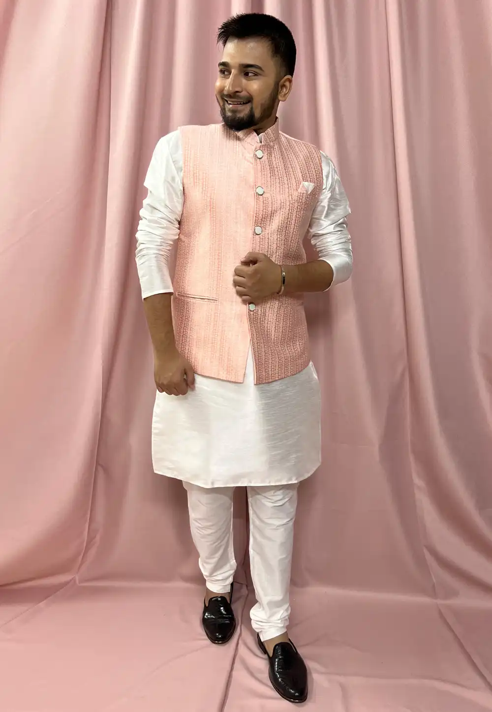 Off White Silk Kurta Pajama With Jacket 272857