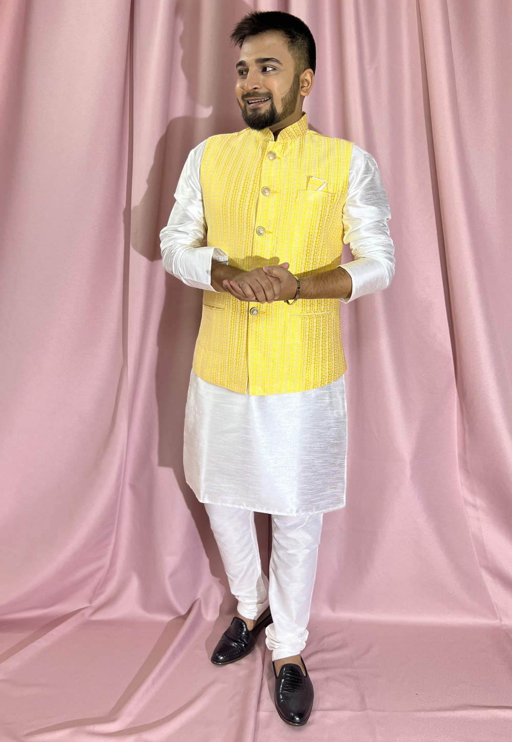 Off White Silk Kurta Pajama With Jacket 272858