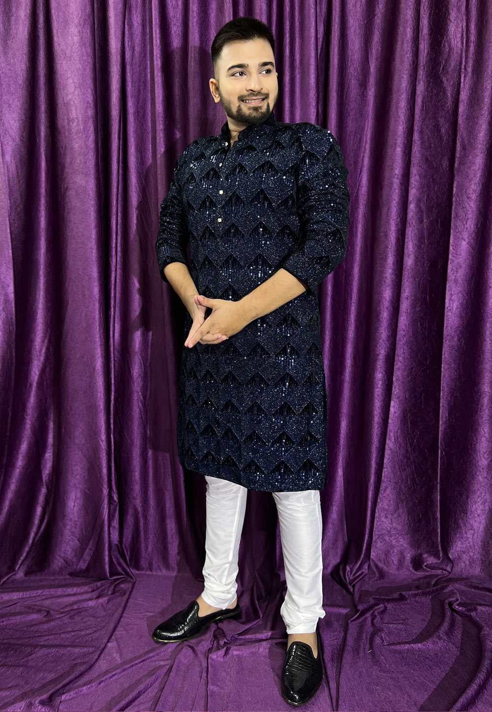 Navy Blue Velvet Kurta Pajama 271267