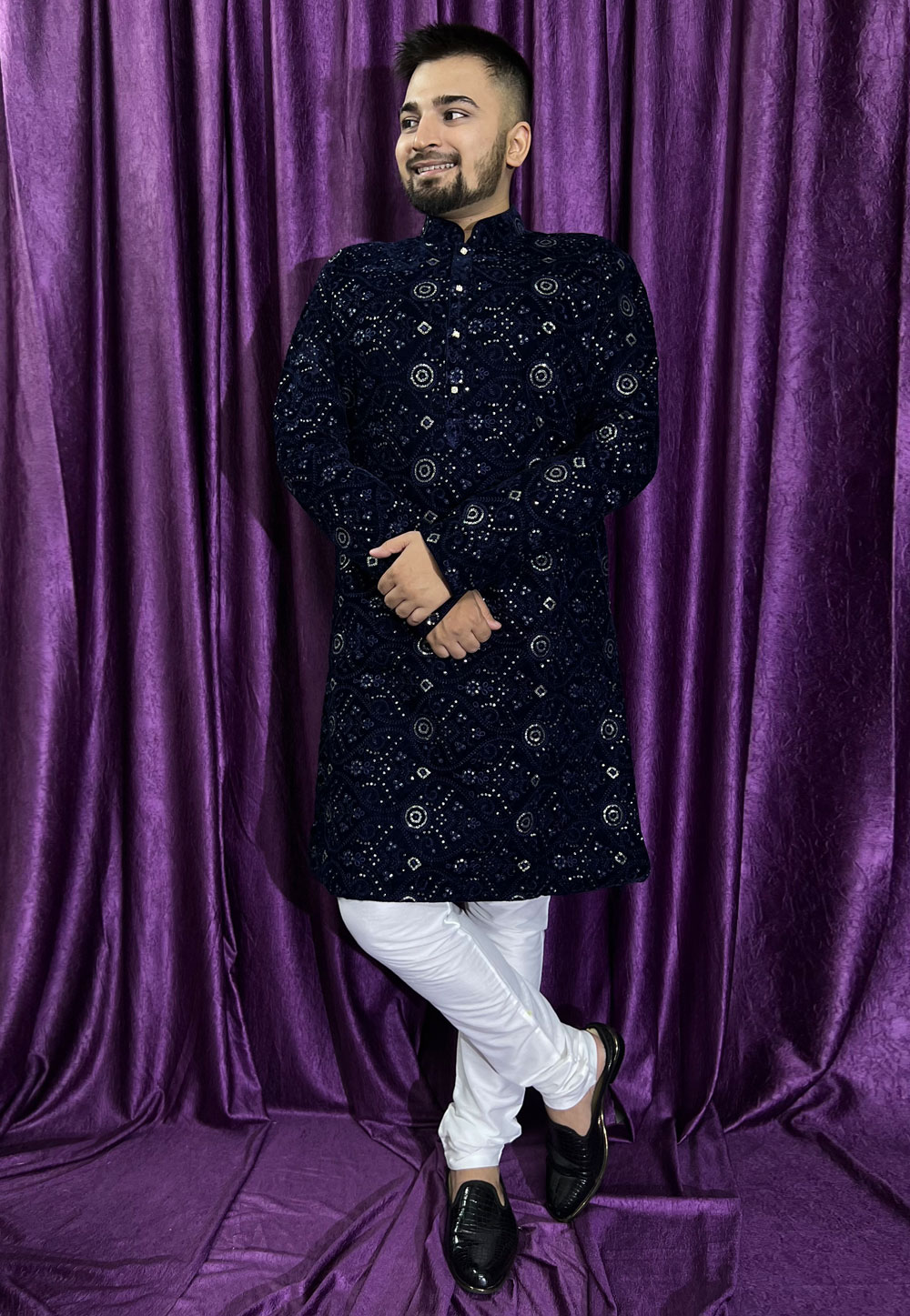 Navy Blue Velvet Kurta Pajama 271305