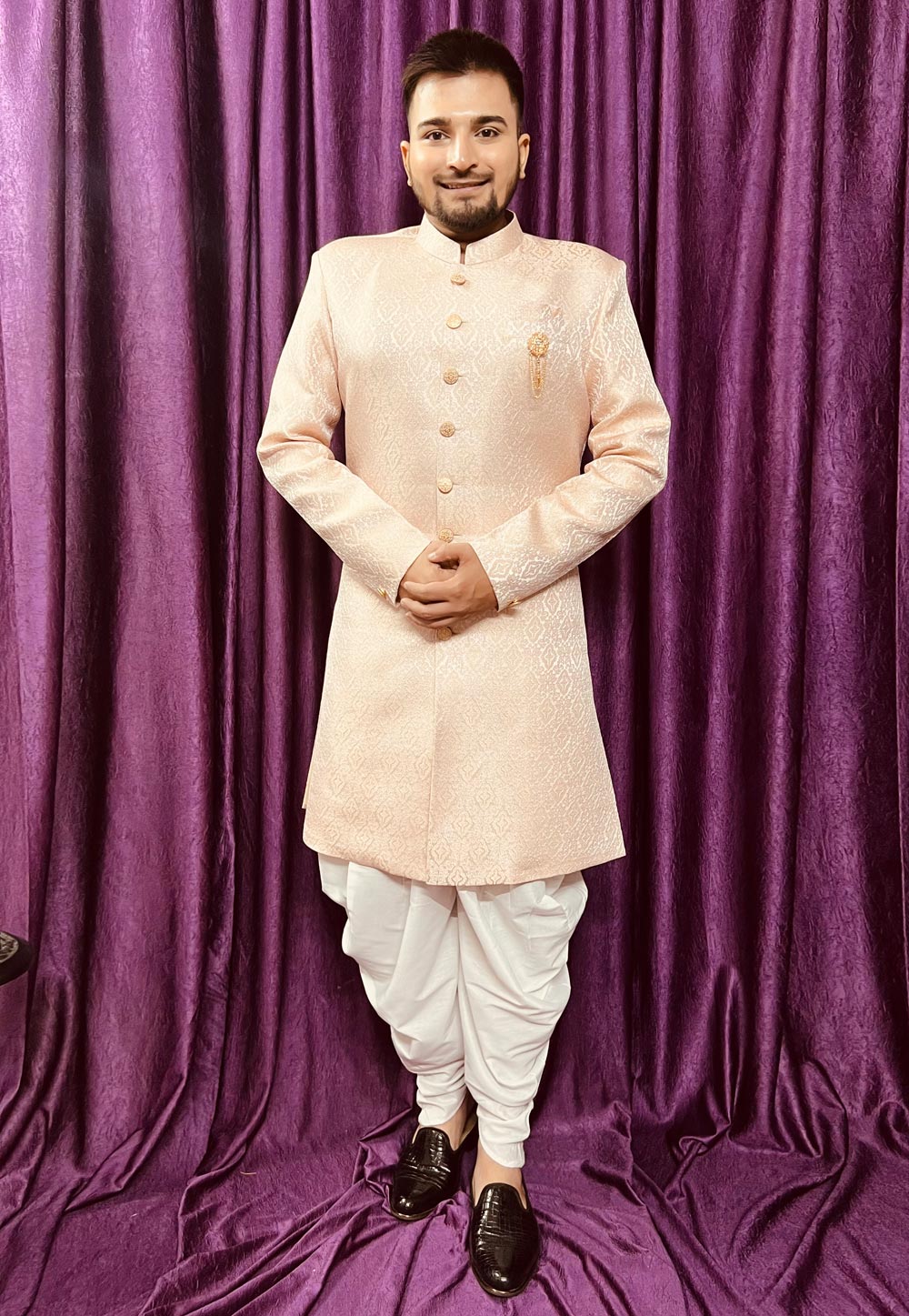 Peach Jacquard Dhoti Sherwani 271505