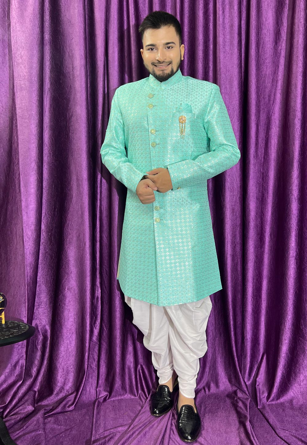 Sea Green Silk Dhoti Sherwani 271513