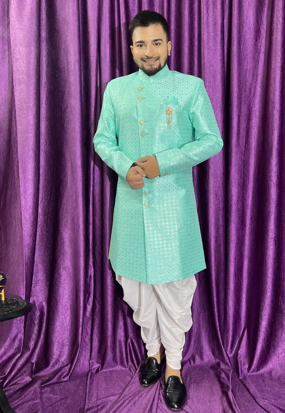 Sea Green Silk Dhoti Sherwani 271513