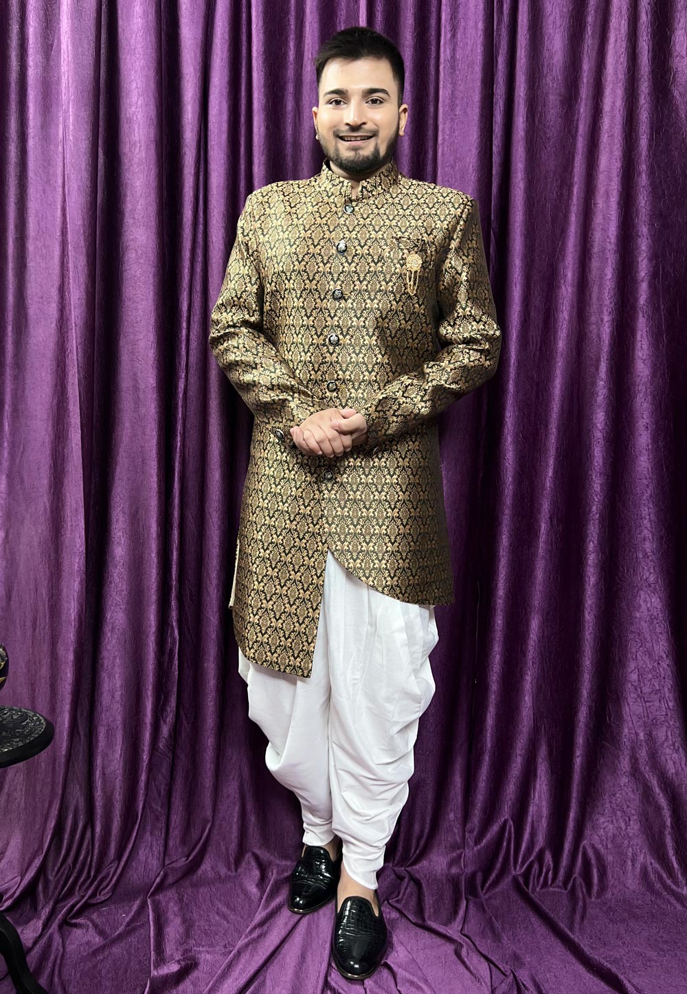 Golden Jacquard Dhoti Sherwani 271514