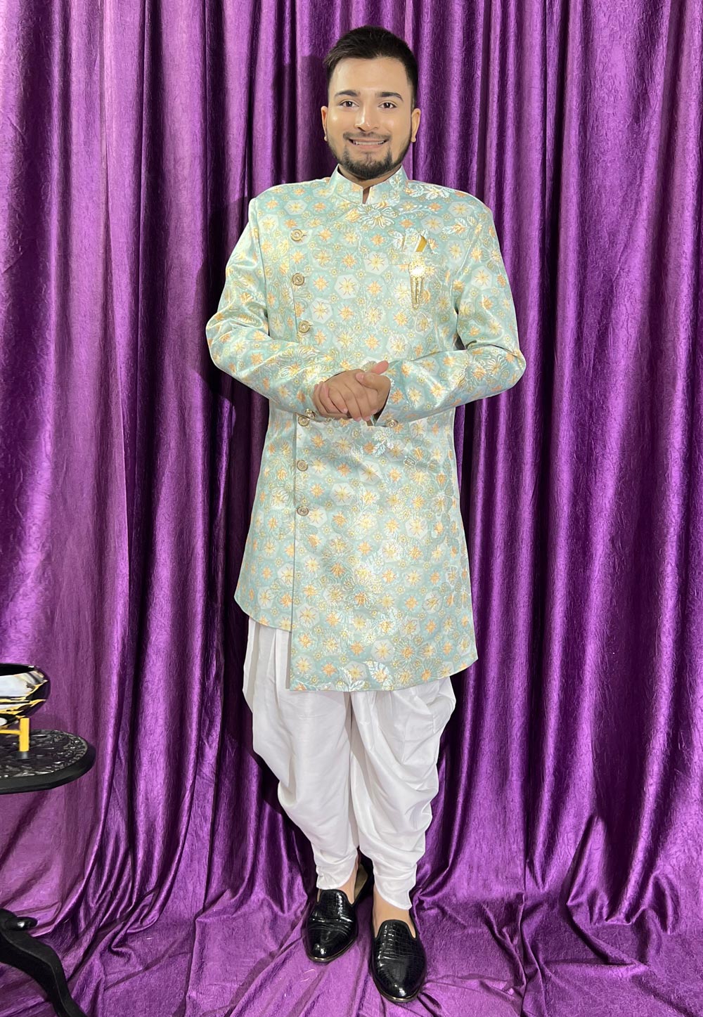 Sky Blue Jacquard Dhoti Sherwani 271516