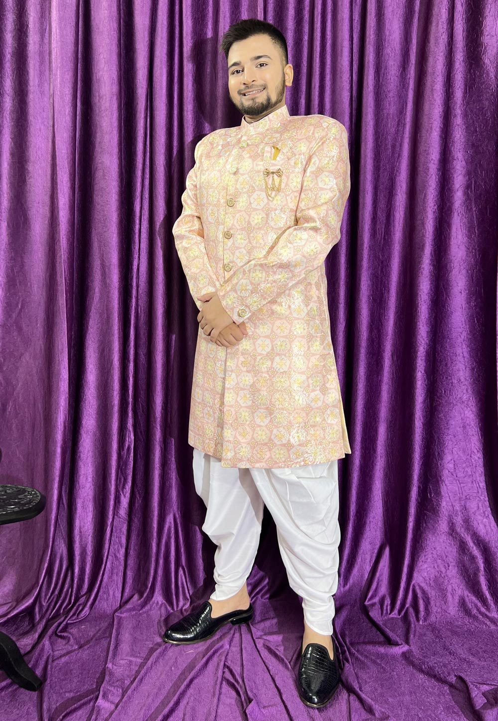 Peach Jacquard Dhoti Sherwani 271517