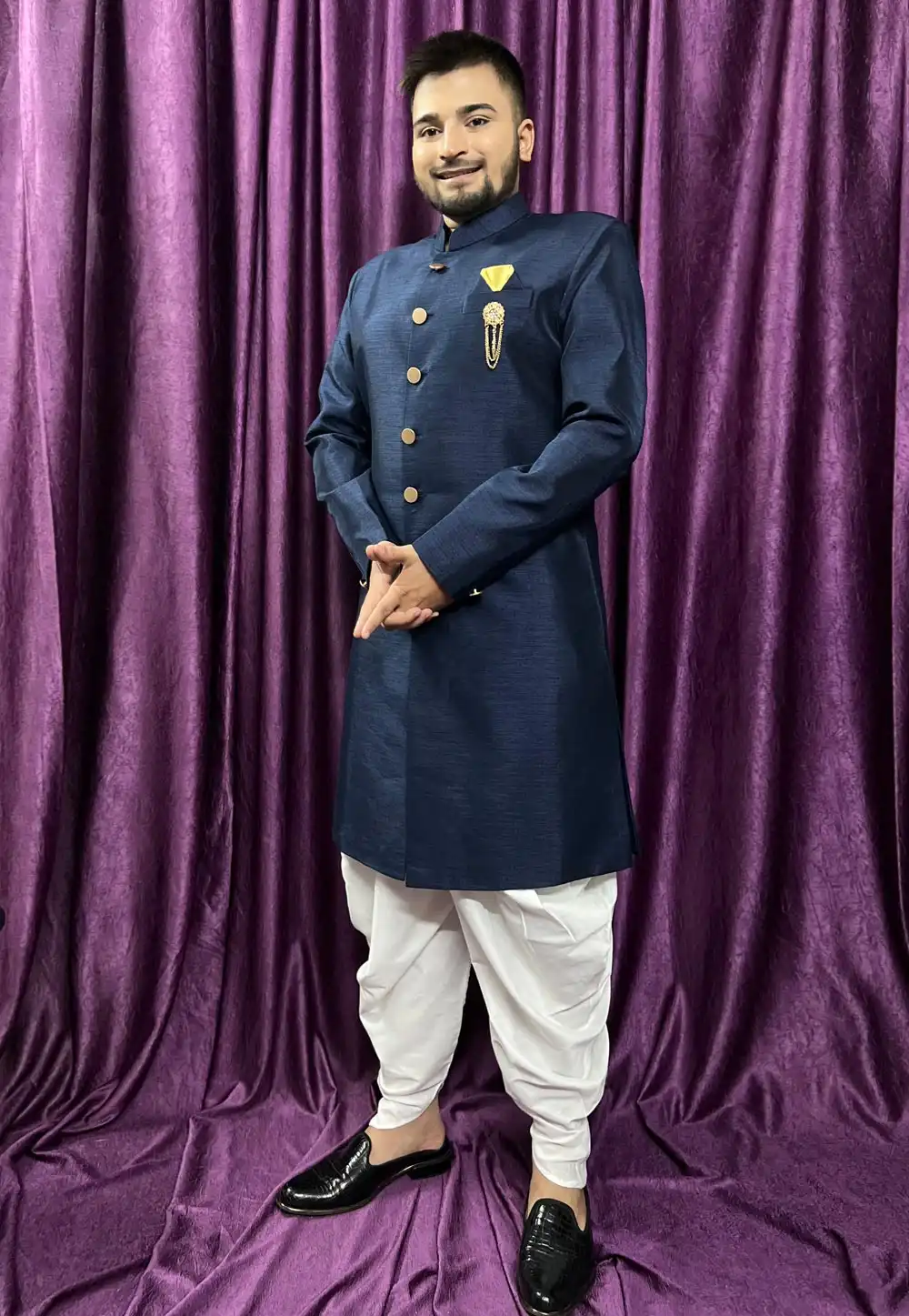 Navy Blue Silk Dhoti Sherwani 271518