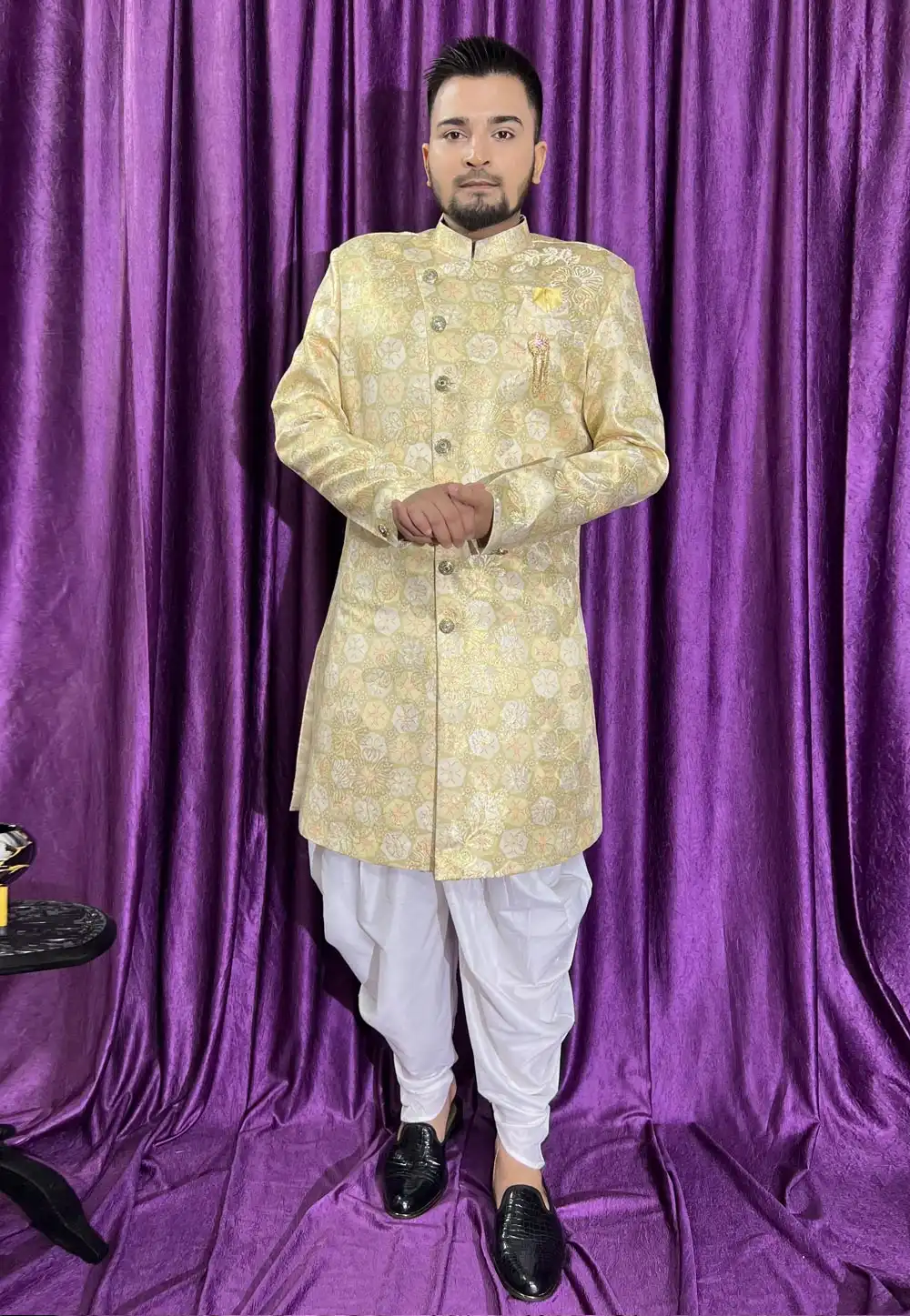 Light Yellow Jacquard Dhoti Sherwani 271524