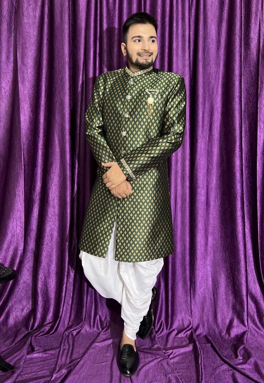 Green Jacquard Dhoti Sherwani 271530