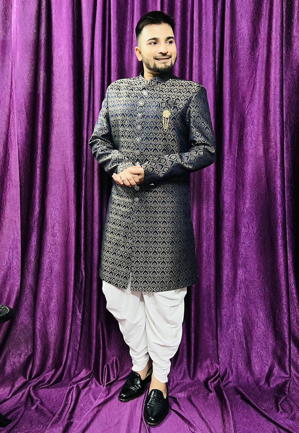 Navy Blue Jacquard Dhoti Sherwani 271531