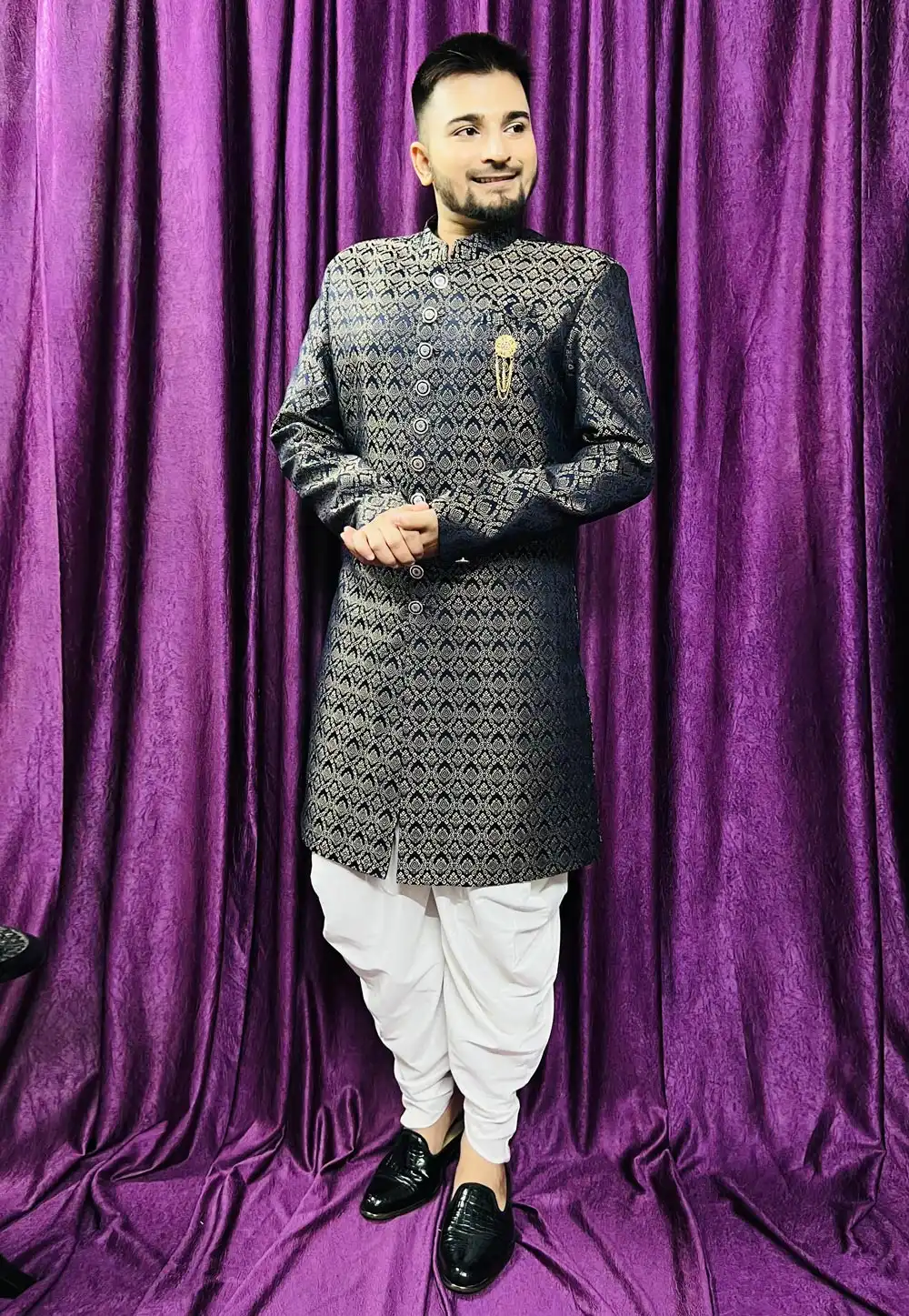 Navy Blue Jacquard Dhoti Sherwani 271531