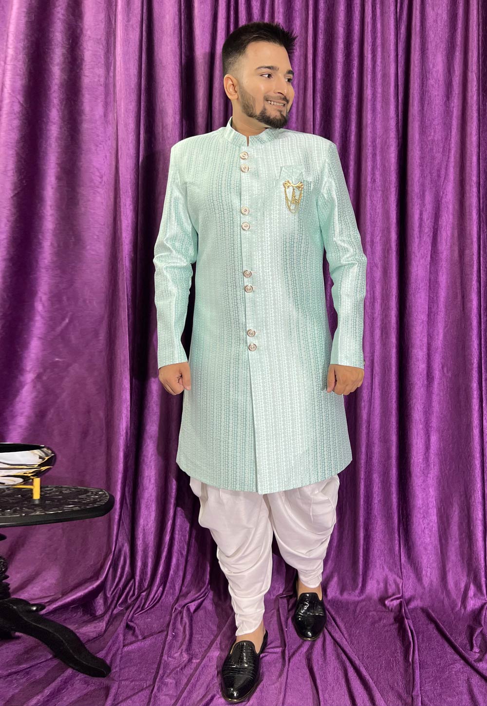 Sky Blue Jacquard Dhoti Sherwani 271533