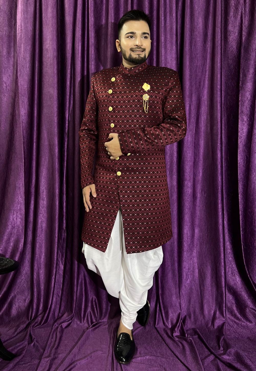 Maroon Jacquard Dhoti Sherwani 271534