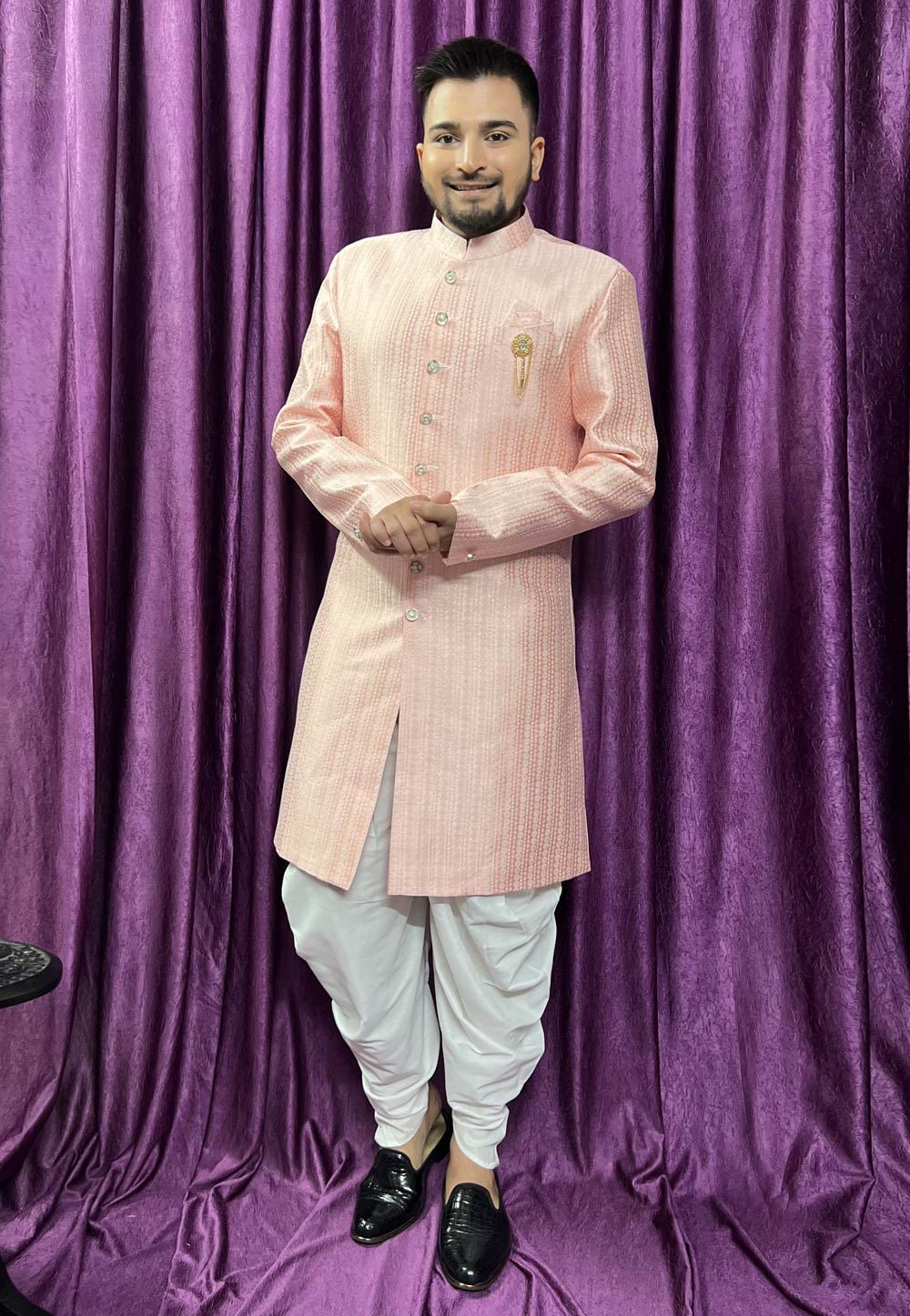 Peach Jacquard Dhoti Sherwani 271535