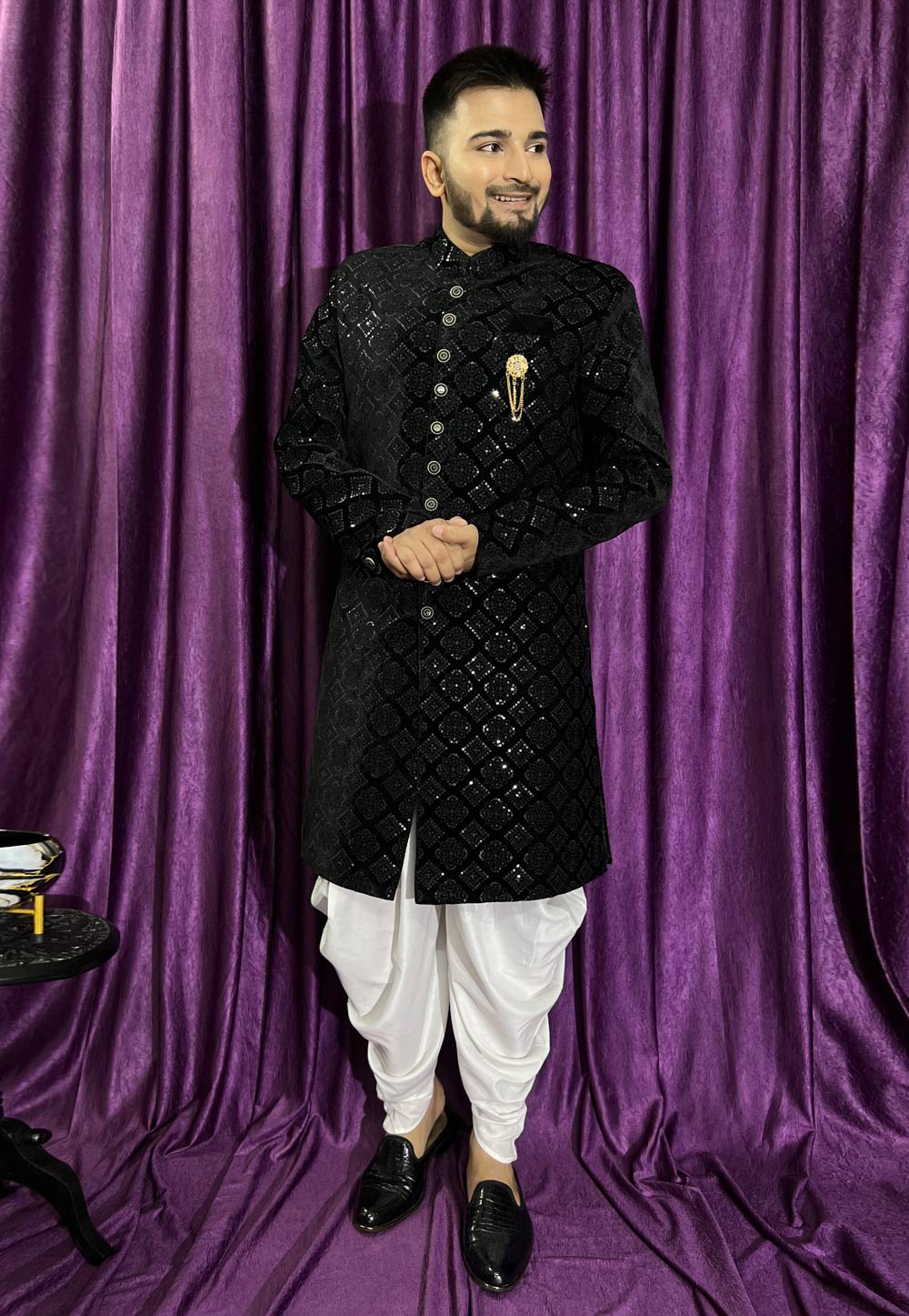 Black Velvet Dhoti Sherwani 271538