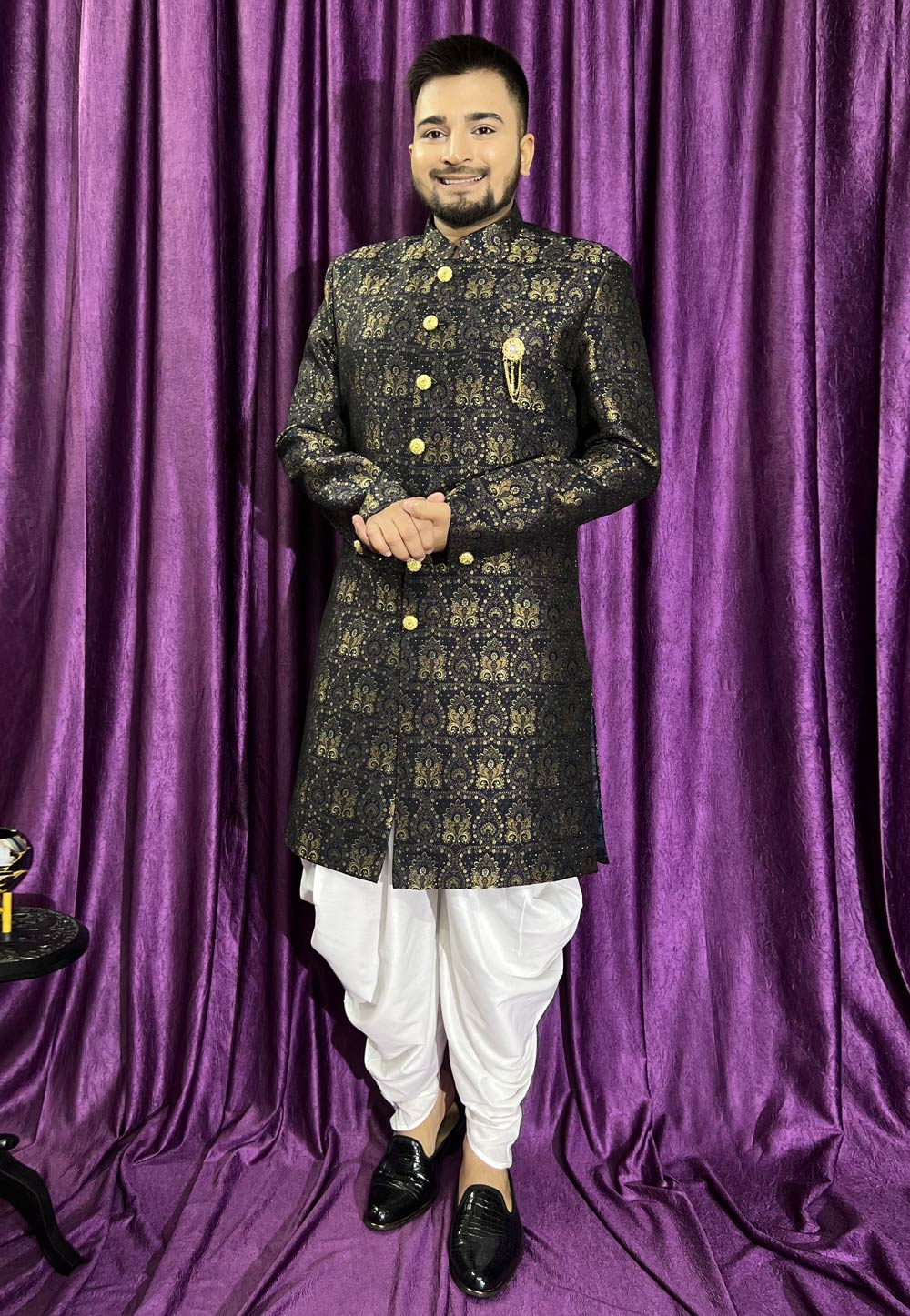 Navy Blue Jacquard Dhoti Sherwani 271542