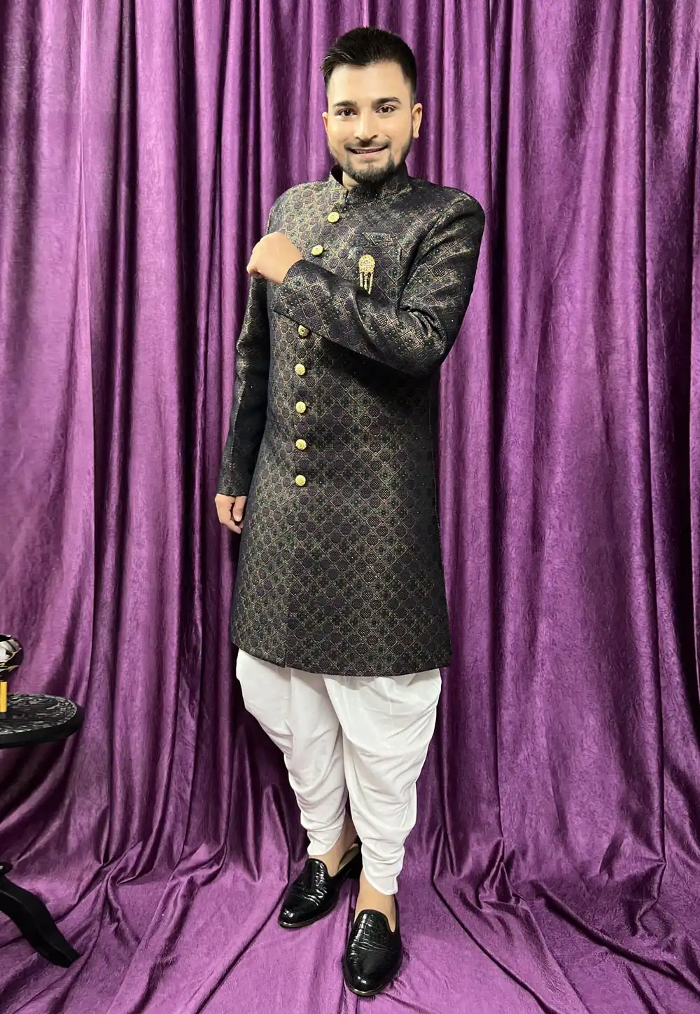 Camo Green Jacquard Dhoti Sherwani 271544